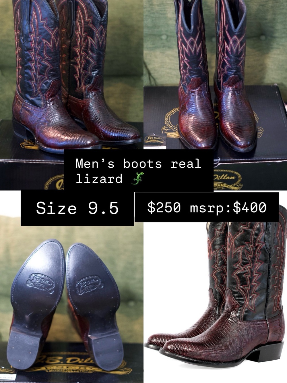 Men's Western Lizard Leather Boots - Burgundy/Black - Size 9.5